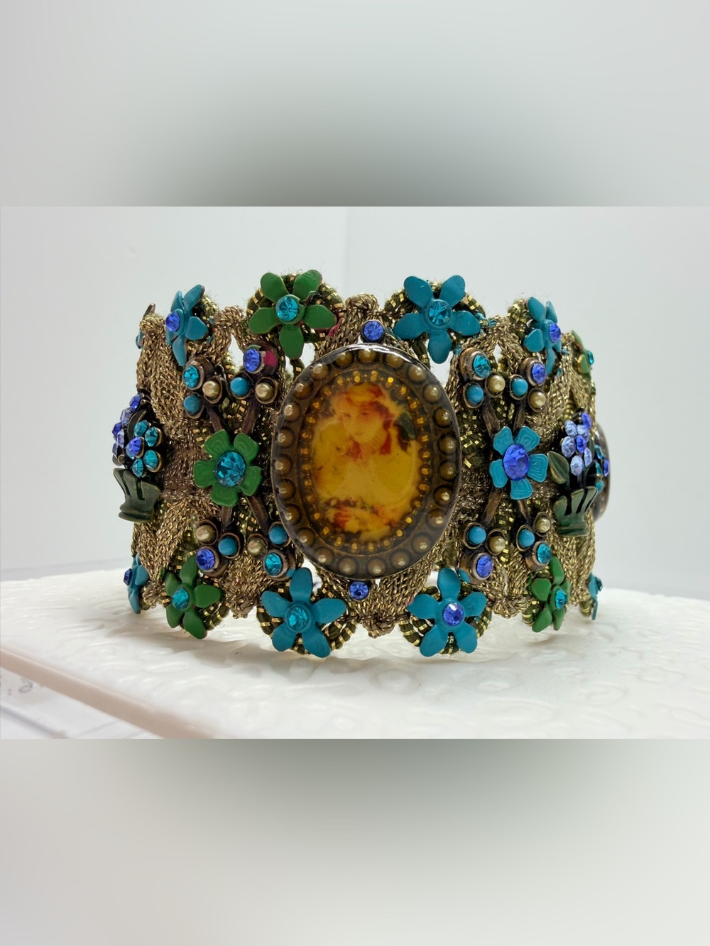 VICTORIAN CAMEO Green Blue Enamel Rhinestone Flower Gold Mesh Braided Brass